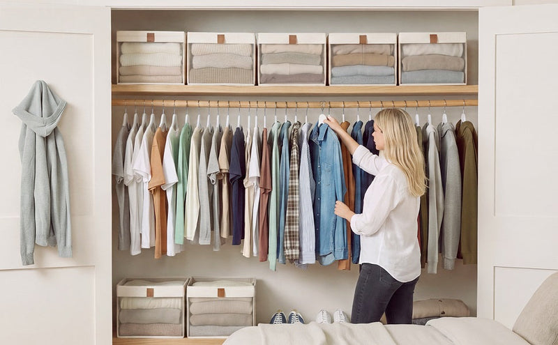 Woman organizing a closet with folded sweaters on the shelf and fabric storage bins with leather handles