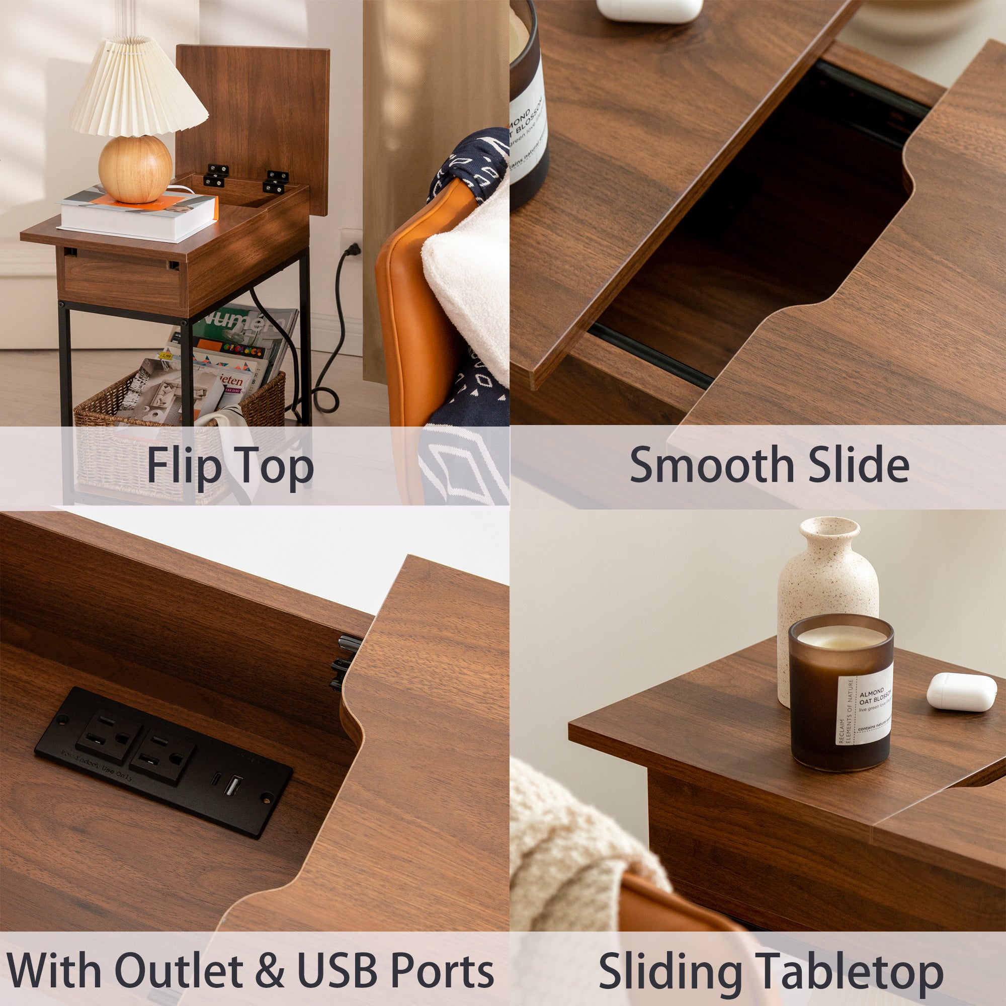 Flip Top End Table with Storage and Built-In Outlets