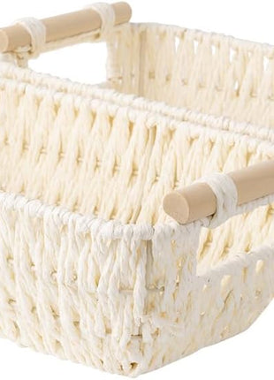 Wicker Basket for Organizing, Basket with Wooden Handles, 2 Pack