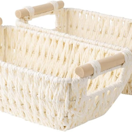 StorageWorks Wicker Basket for Organizing, Basket with Wooden Handles, 2 Pack
