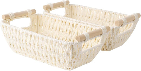Wicker Basket for Organizing, Basket with Wooden Handles, 2 Pack