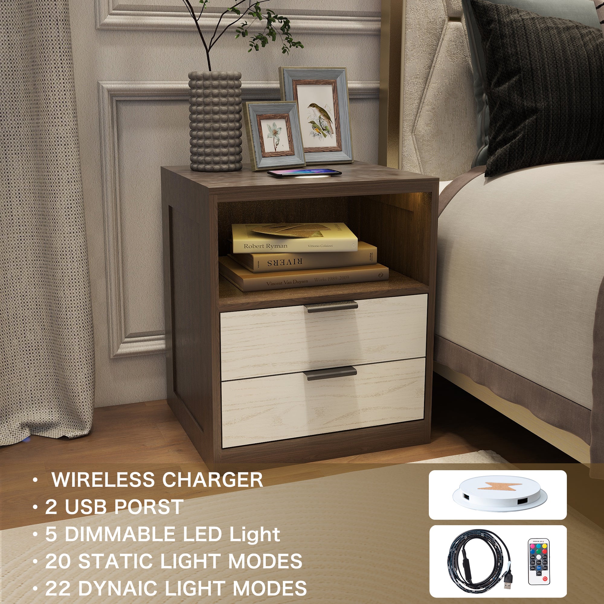 LED Wood Nightstand with 2 Drawers