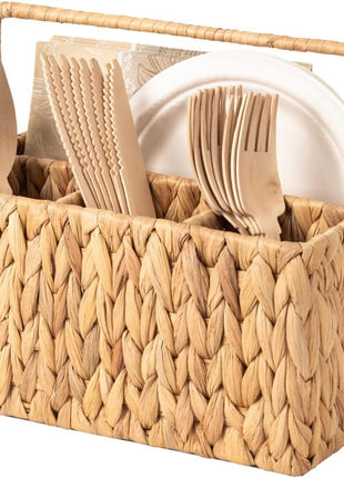Hand-Woven Wicker Silverware Organizer for Countertop with Handle (1-Pack)