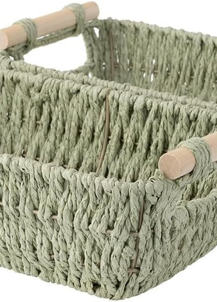 Wicker Basket for Organizing, Basket with Wooden Handles, 2 Pack