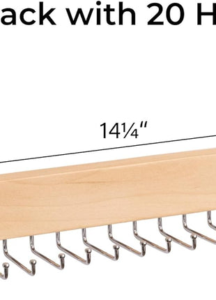 Tie Rack with Hooks, Wall-Mounted Wooden Hangers