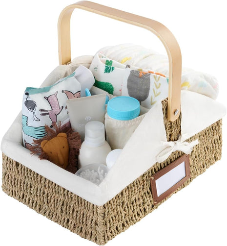 Wicker Diaper Caddy Organizer, Baby Diaper Caddy Basket with Liner