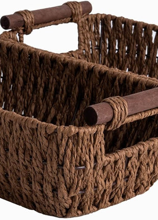 Wicker Basket for Organizing, Basket with Wooden Handles, 2 Pack