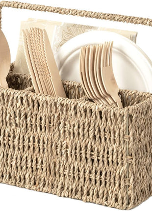 Hand-Woven Wicker Silverware Organizer for Countertop with Handle (1-Pack)