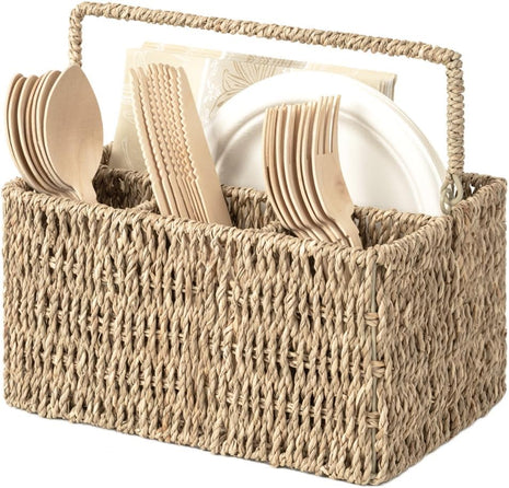 Hand-Woven Wicker Silverware Organizer for Countertop with Handle (1-Pack)