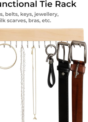 Tie Rack with Hooks, Wall-Mounted Wooden Hangers