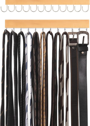 Tie Rack with Hooks, Wall-Mounted Wooden Hangers