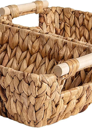 Wicker Basket for Organizing, Basket with Wooden Handles, 2 Pack