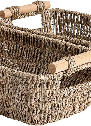 Wicker Basket for Organizing, Basket with Wooden Handles, 2 Pack
