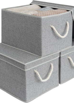 Lidded Large Storage Bins, Foldable Decorative Boxes, 3-Pack