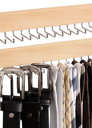 Tie Rack with Hooks, Wall-Mounted Wooden Hangers