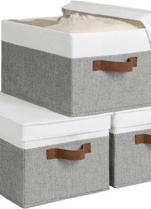 Lidded Large Storage Bins, Foldable Decorative Boxes, 3-Pack