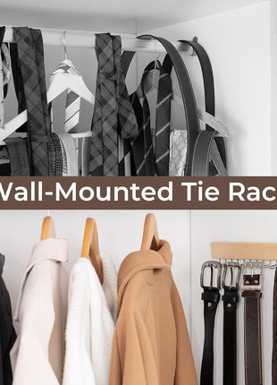 Tie Rack with Hooks, Wall-Mounted Wooden Hangers