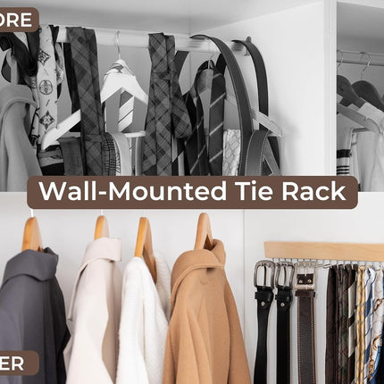 StorageWorks Tie Rack with Hooks, Wall-Mounted Wooden Hangers