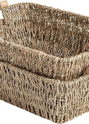 Wicker Basket for Organizing, Basket with Wooden Handles, 2 Pack