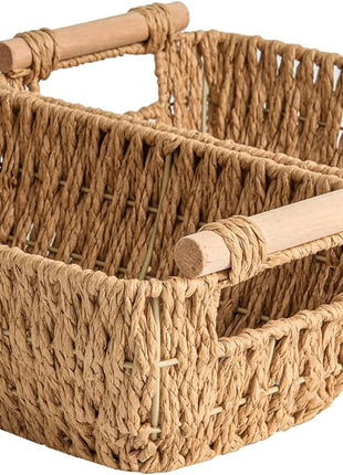 Wicker Basket for Organizing, Basket with Wooden Handles, 2 Pack