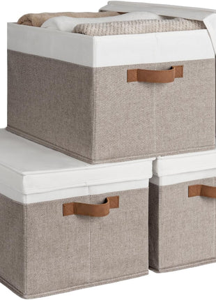 Lidded Large Storage Bins, Foldable Decorative Boxes, 3-Pack
