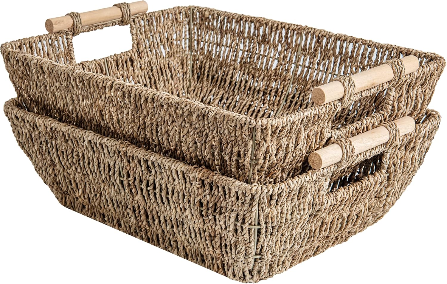 StorageWorks Wicker Basket for Organizing, Basket with Wooden Handles, 2 Pack