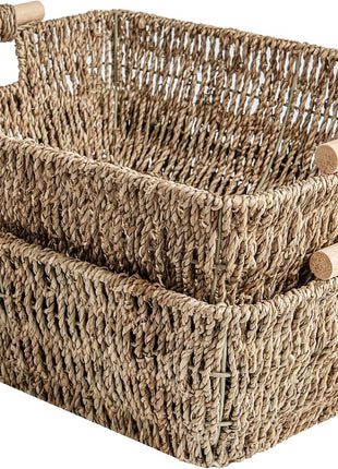 Wicker Basket for Organizing, Basket with Wooden Handles, 2 Pack
