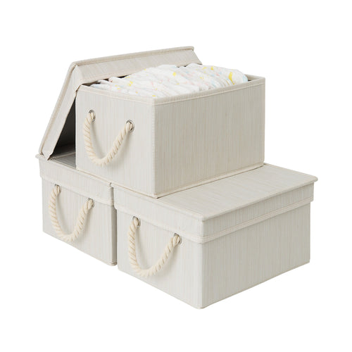 Lidded Fabric Storage Bins with Cotton Rope Handles, 3-Pack