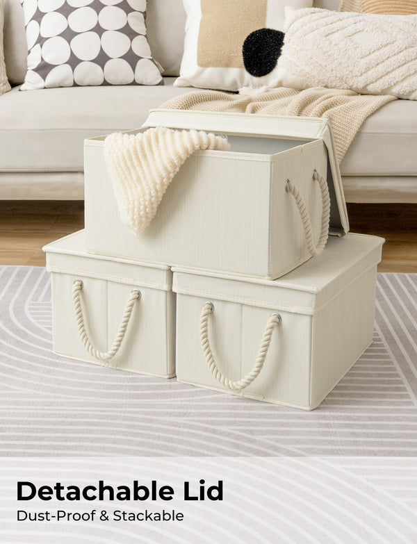 Lidded Large Storage Bins with Cotton Handles, 3-Pack