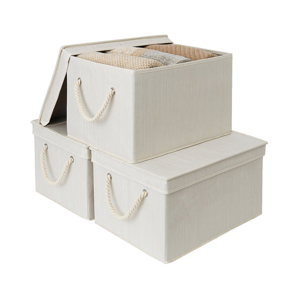 Lidded Large Storage Bins with Cotton Handles, 3-Pack