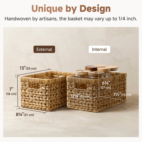 Rectangular Water Hyacinth Basket with Built-in Handles, Set of 2