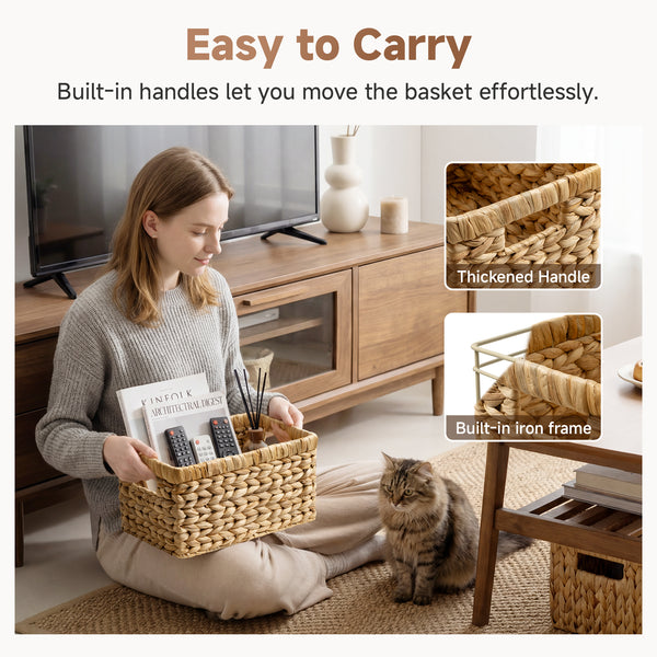 Rectangular Water Hyacinth Basket with Built-in Handles, Set of 2
