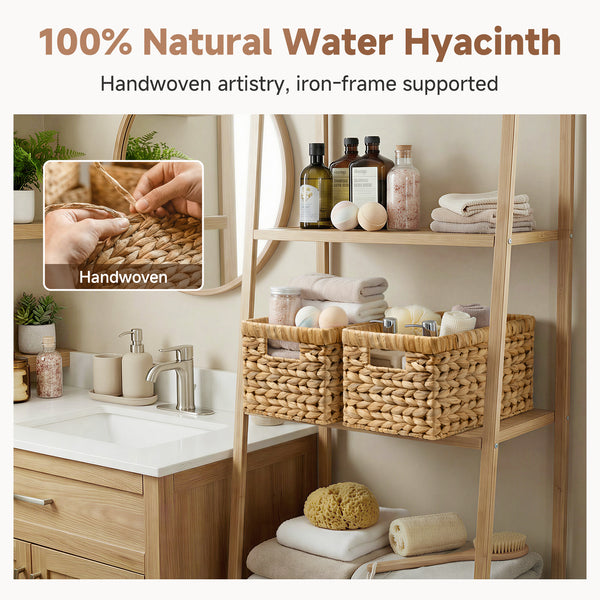 Rectangular Water Hyacinth Basket with Built-in Handles, Set of 2