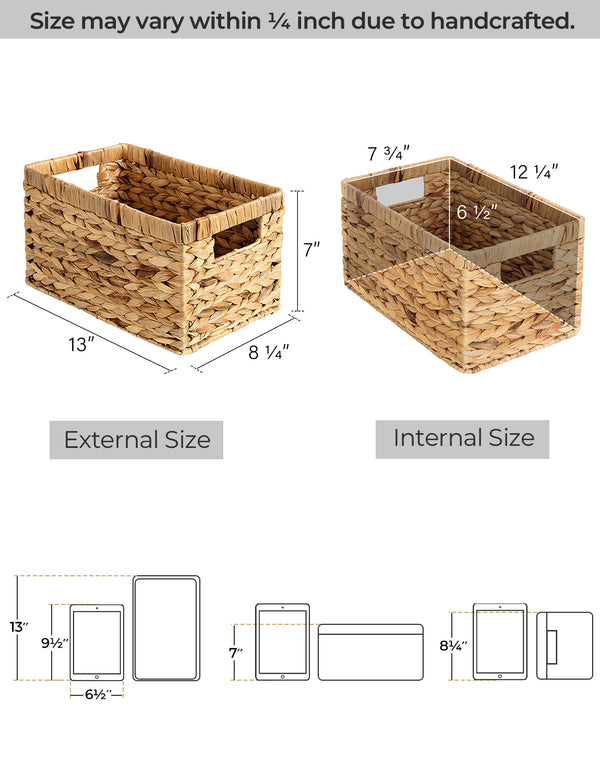 Rectangular Water Hyacinth Basket with Built-in Handles, 2 Pack