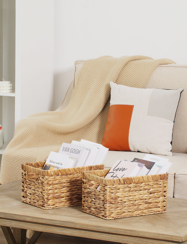 Rectangular Water Hyacinth Basket with Built-in Handles, 2 Pack