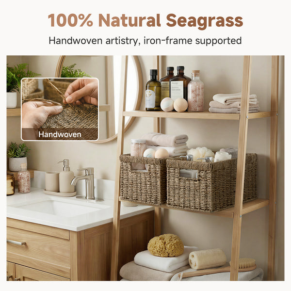 Rectangular Seagrass Basket with Built-in Handles, 2 Pack