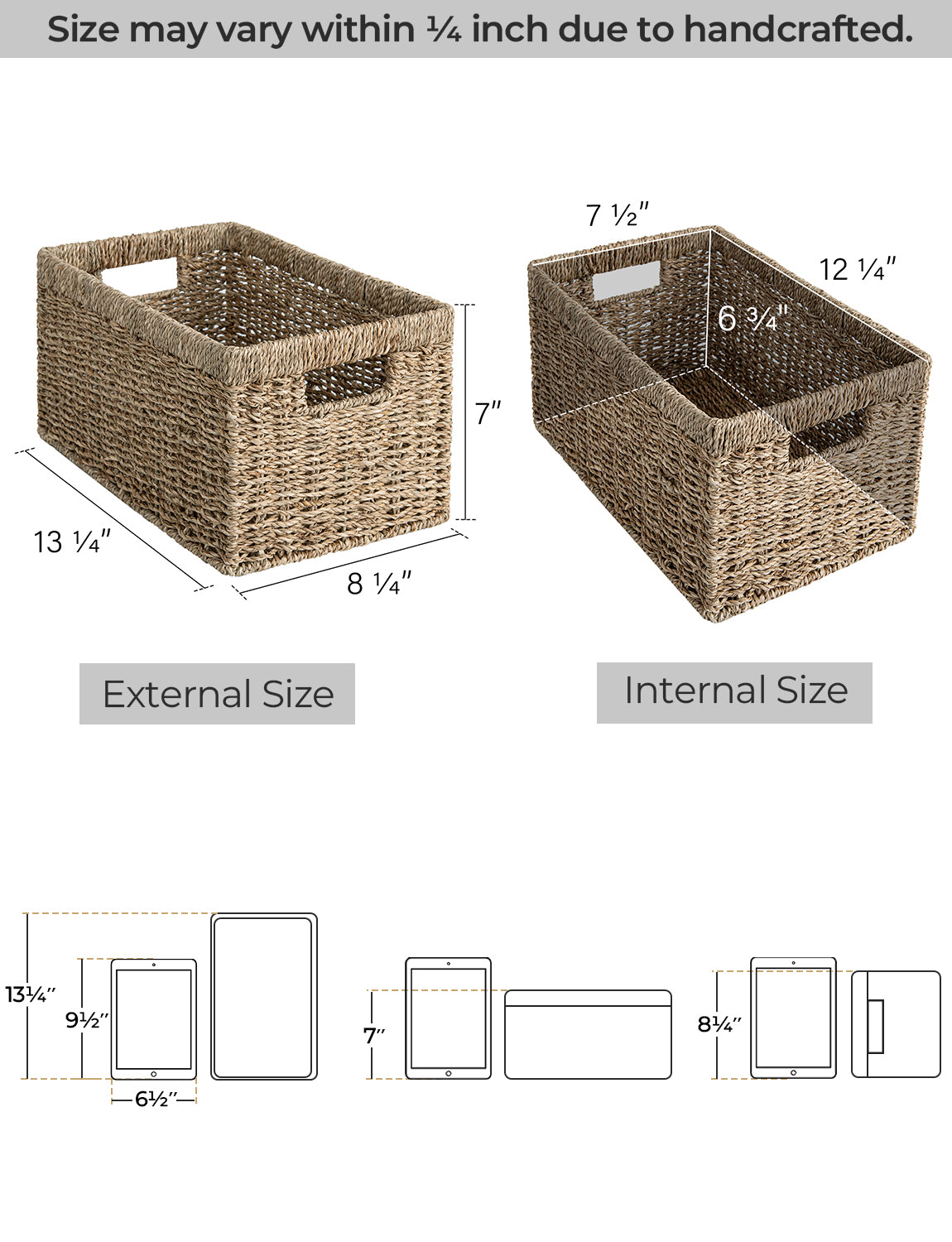 Rectangular Wicker Basket with Built-in Handles, Natural Material, 2 Pack