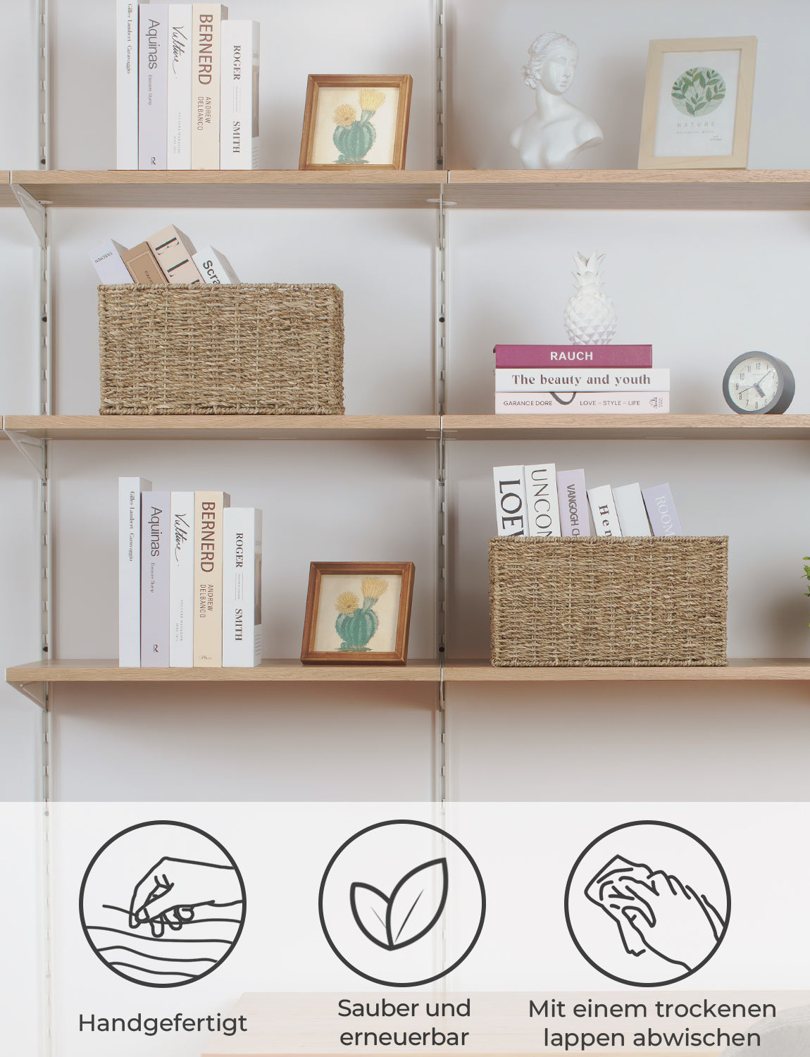 Rectangular Wicker Basket with Built-in Handles, Natural Material, 2 Pack