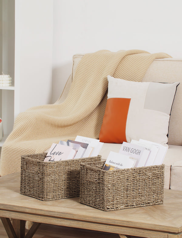 Rectangular Seagrass Basket with Built-in Handles, 2 Pack