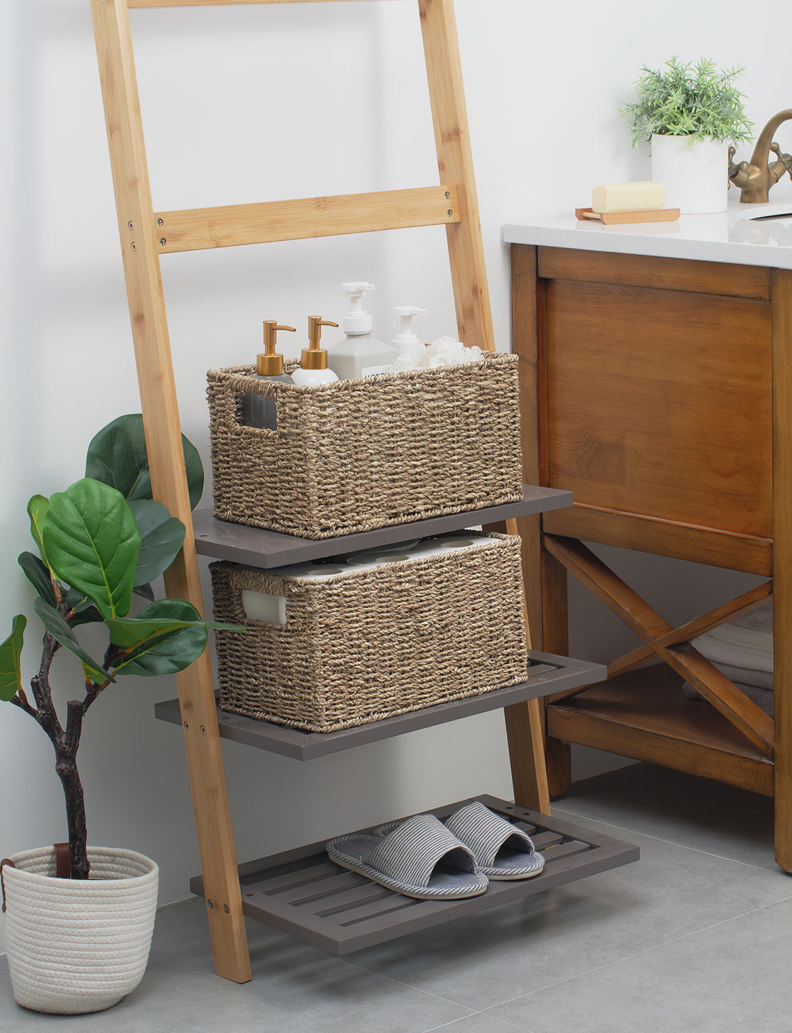 Rectangular Wicker Basket with Built-in Handles, Natural Material, 2 Pack