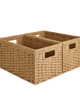 Rectangular Woven Wicker Basket with Built-in Handles, Paper Rope, 2 Pack
