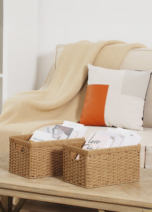 Rectangular Woven Wicker Basket with Built-in Handles, Paper Rope, 2 Pack