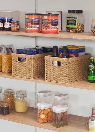 Rectangular Woven Wicker Basket with Built-in Handles, Paper Rope, 2 Pack