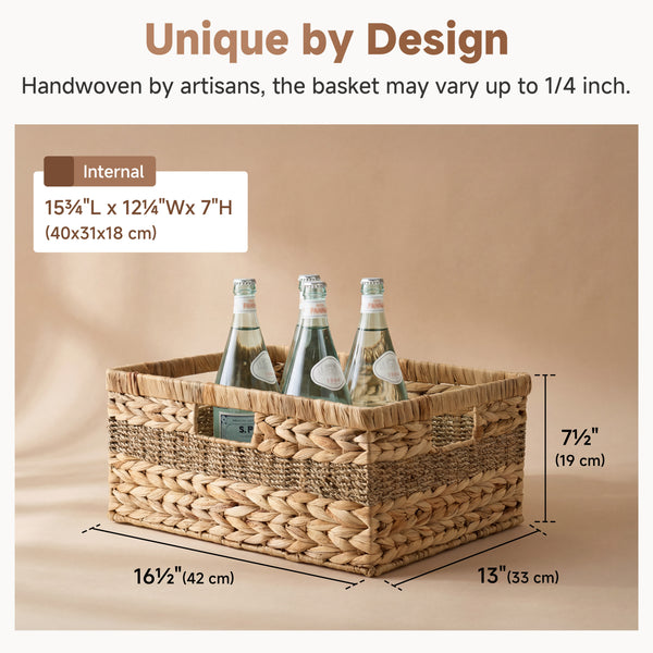 Large Rectangular Wicker Basket with Built-in Handles, Water Hyacinth, 1 Pack