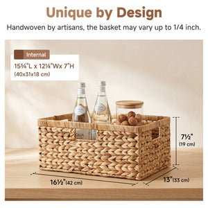 Large Rectangular Wicker Basket with Built-in Handles, Water Hyacinth, 1 Pack