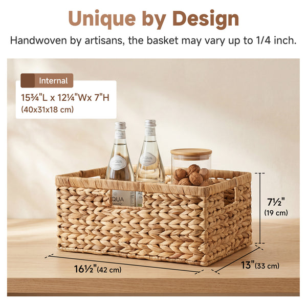 Large Rectangular Wicker Basket with Built-in Handles, Water Hyacinth, 1 Pack