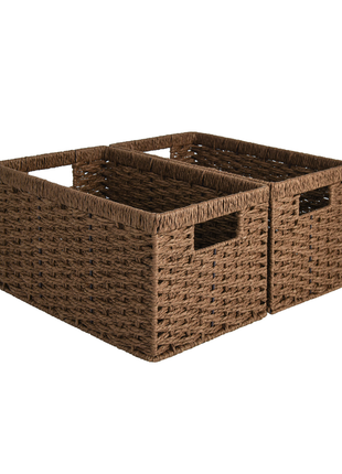 Rectangular Woven Wicker Basket with Built-in Handles, Paper Rope, 2 Pack