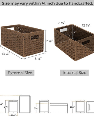 Rectangular Woven Wicker Basket with Built-in Handles, Paper Rope, 2 Pack