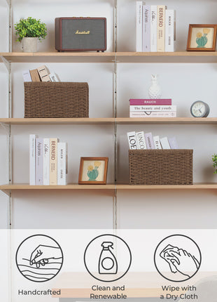 Rectangular Woven Wicker Basket with Built-in Handles, Paper Rope, 2 Pack