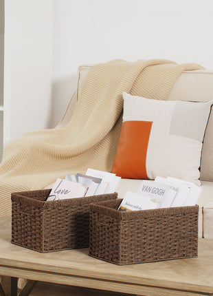 Rectangular Woven Wicker Basket with Built-in Handles, Paper Rope, 2 Pack